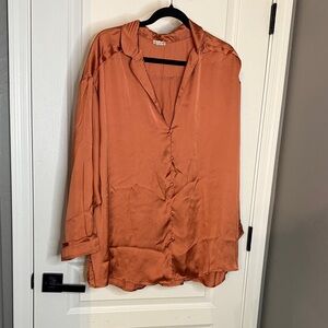 Free People Satin Button-Up Blouse in Rust Orange